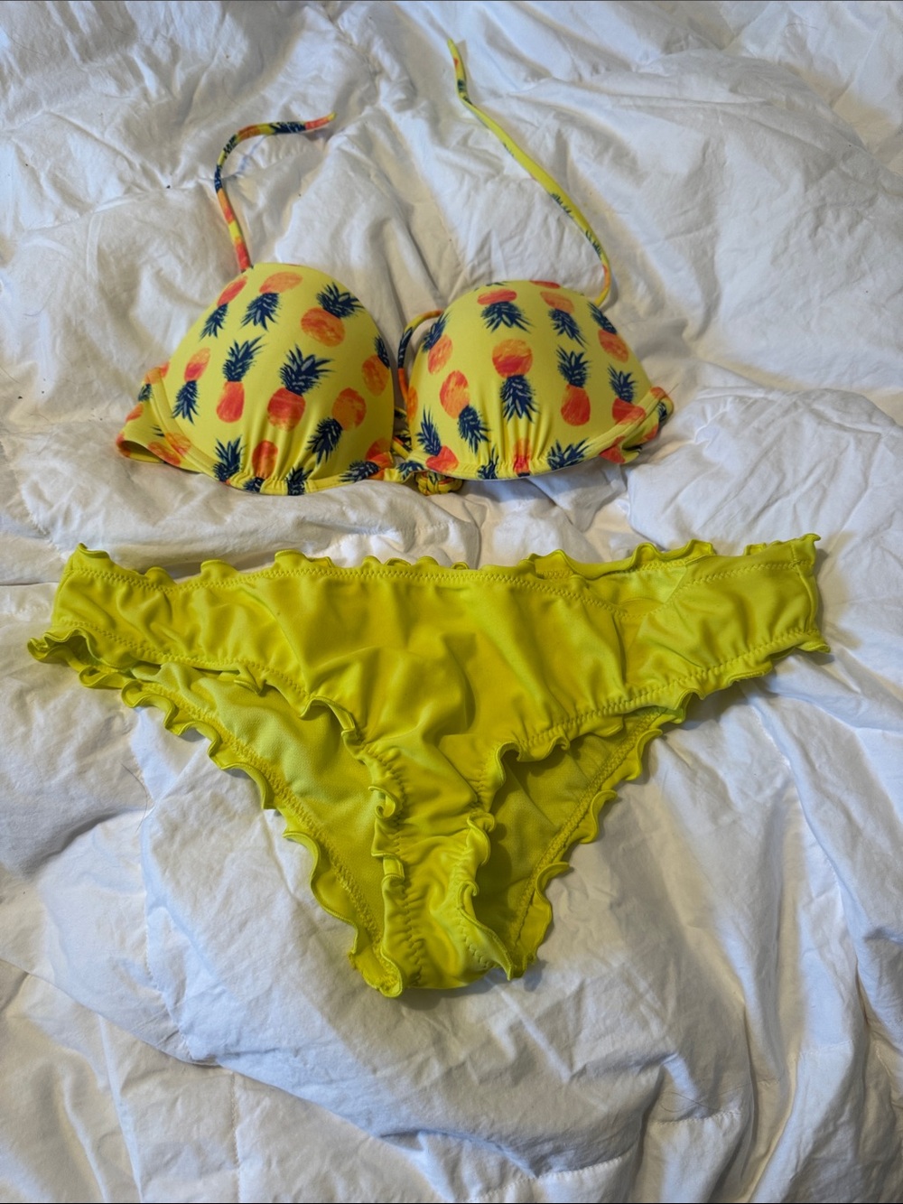 Hollister Neon Yellow Pineapple Print Ruffled Bikini Set